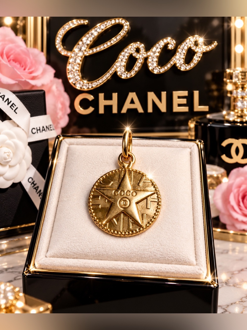 Luxury Coco Chanel stamped Gold Star Pendant Charm/ zipper pull
